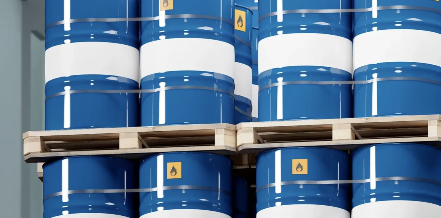 Drums of high-purity ethanol on pallets